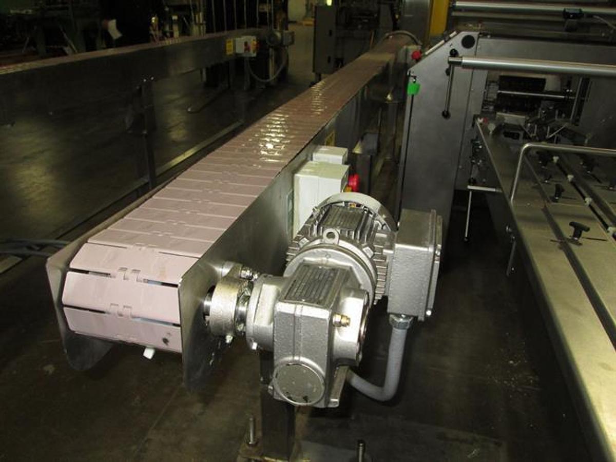 Used Hanover 6" wide x 14-ft Long Stainless Steel Flat Top Chain Conveyor