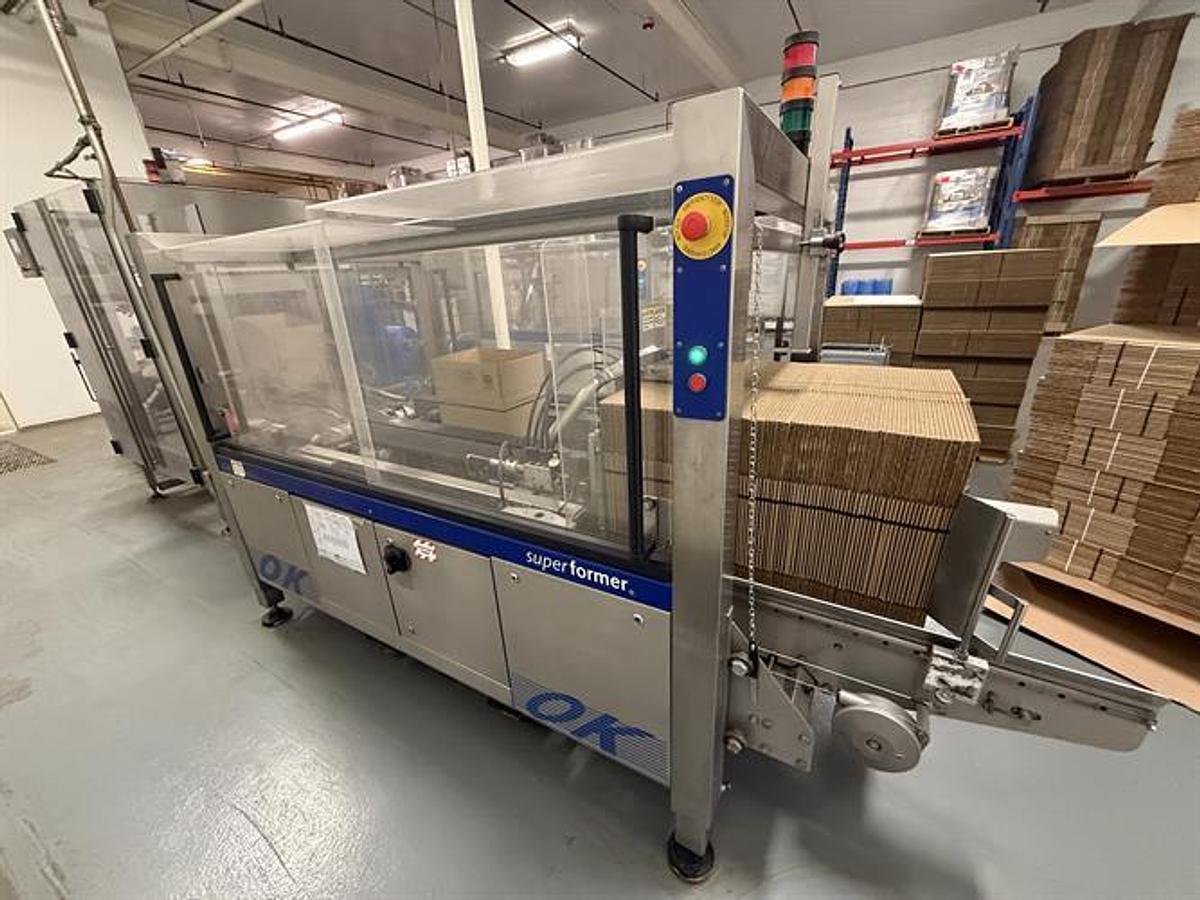 Used OK Superformer-1M Case Erector with OK SL220 Bag Inserter