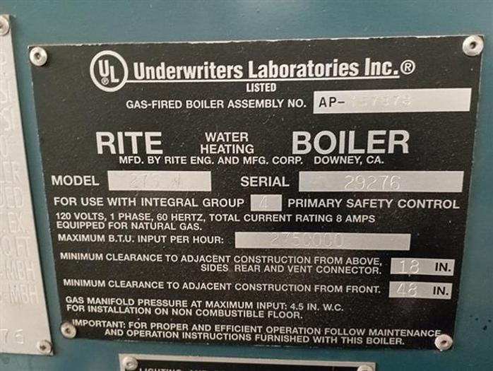 Used Rite Boilers Model 275W Industrial Water Boiler