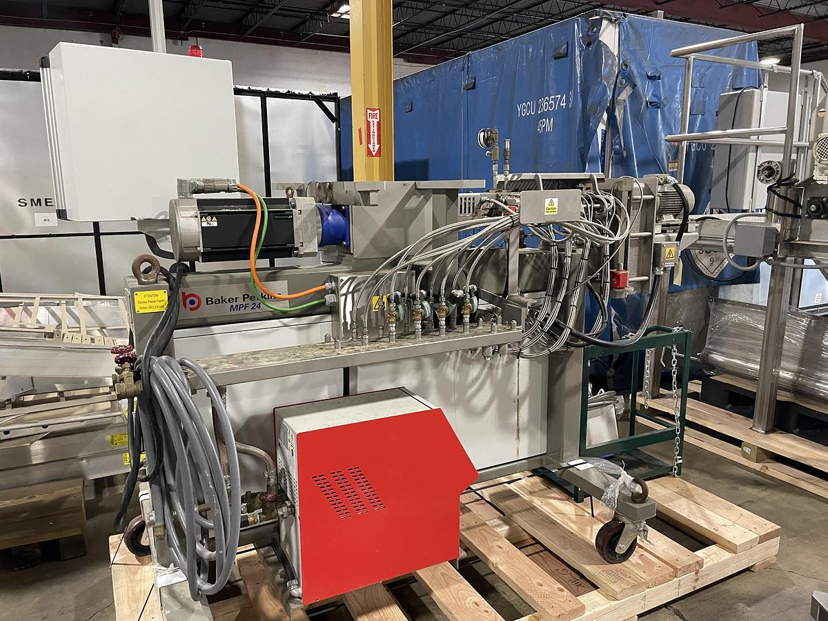 Used Baker Perkins Model MP24 Stainless Steel Twin Screw Extruder