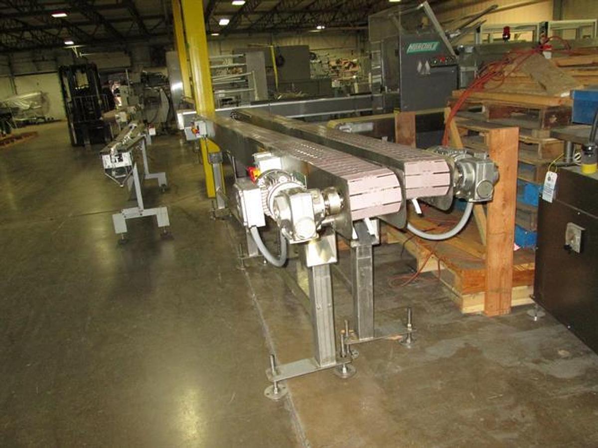 Used Hanover 6" wide x 14-ft Long Stainless Steel Flat Top Chain Conveyor