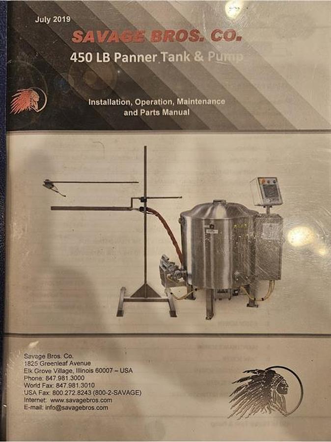 Used Savage 450-lb Stainless Steel Chocolate Tank with pump & Panner Drip Feeder