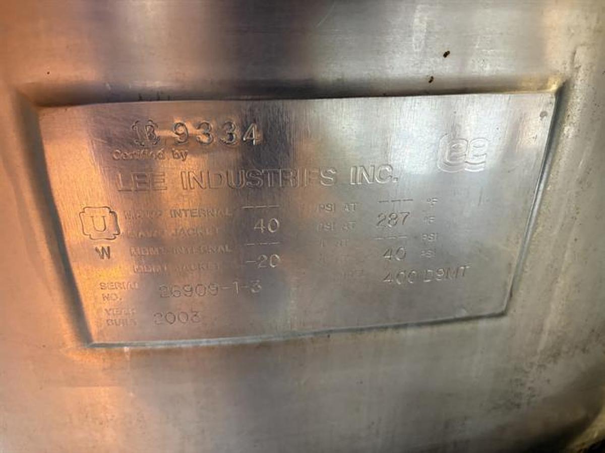 Used Lee 400 Gallon Stainless Steel Jacketed Double Action Kettle