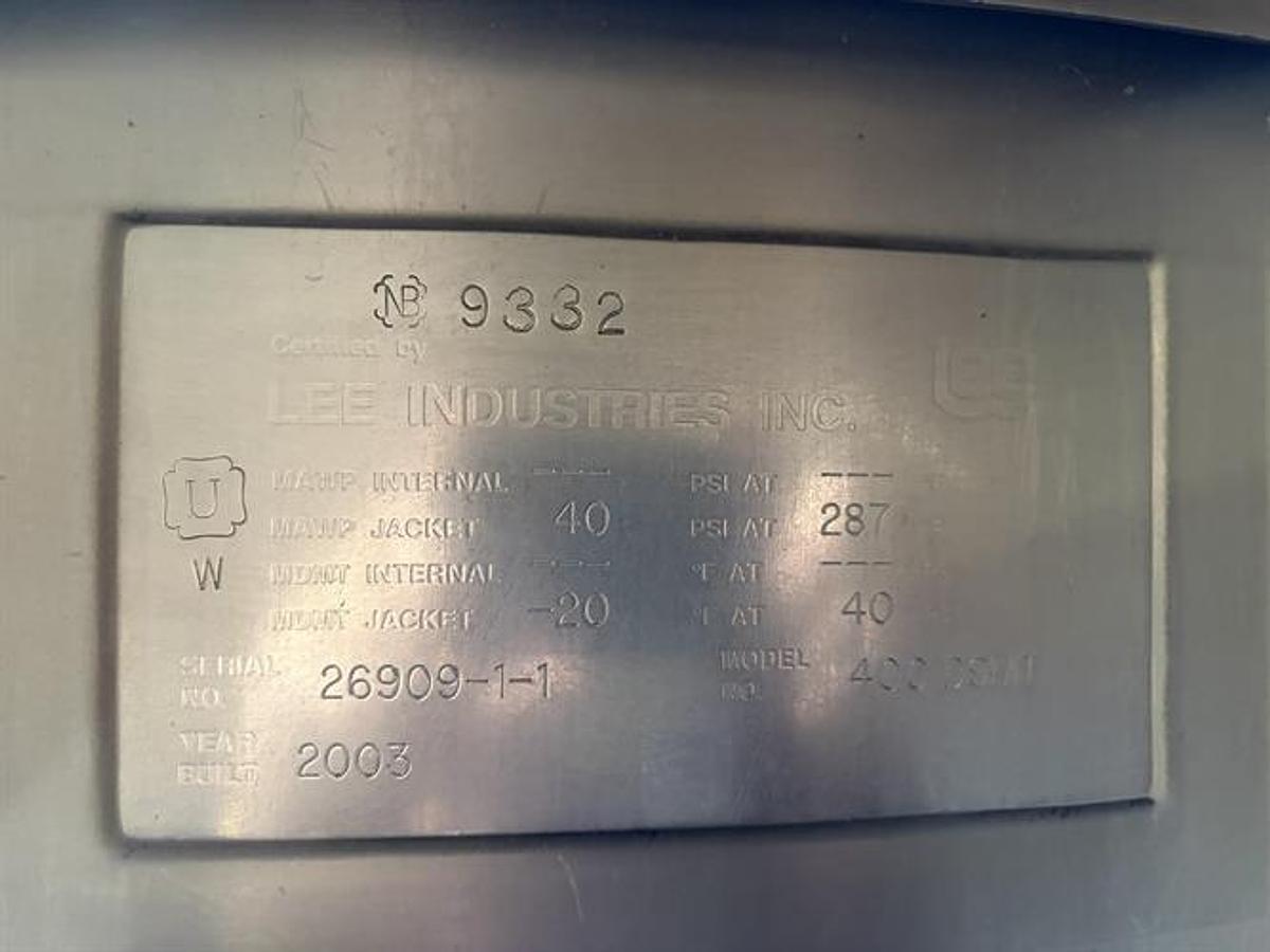 Used Lee 400 Gallon Stainless Steel Jacketed Double Action Kettle