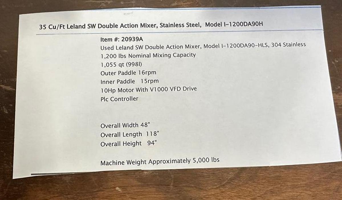 Used Leland SW Model 1-1200DA90-H 35 CF Paddle Blender