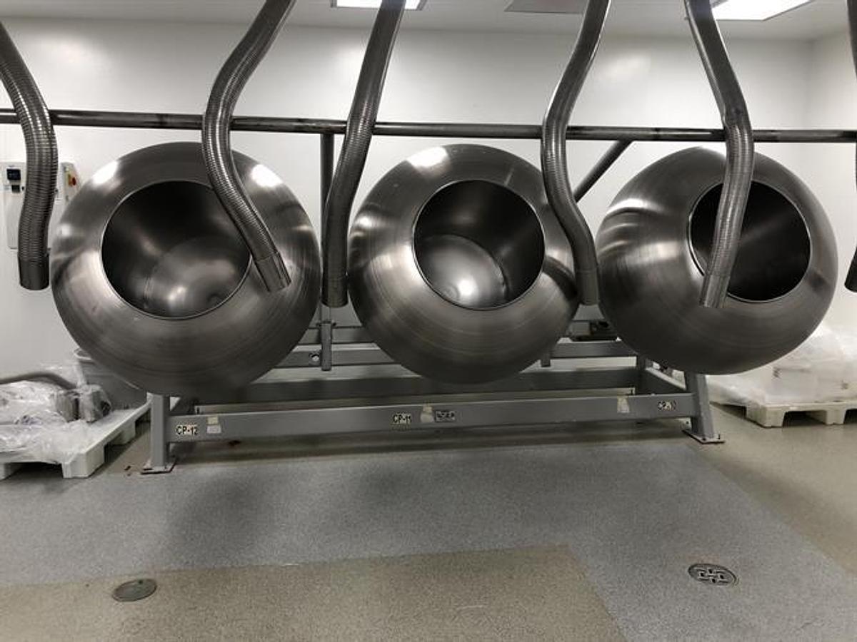 Used (3) O'Hara 48" diameter stainless steel coating pans on a common frame