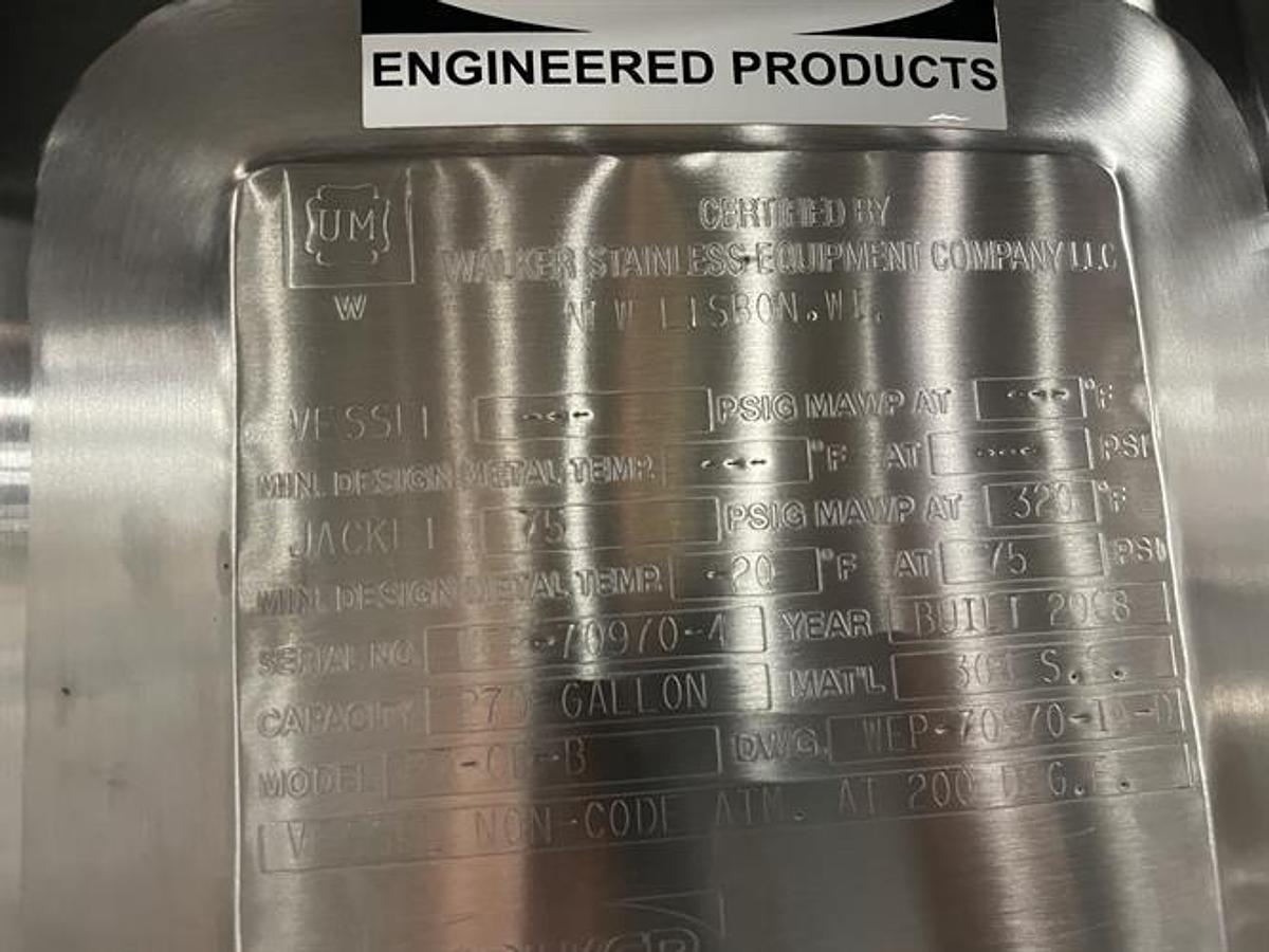 Used Walker 320 Gallon SS Jacketed & Agitated Tank