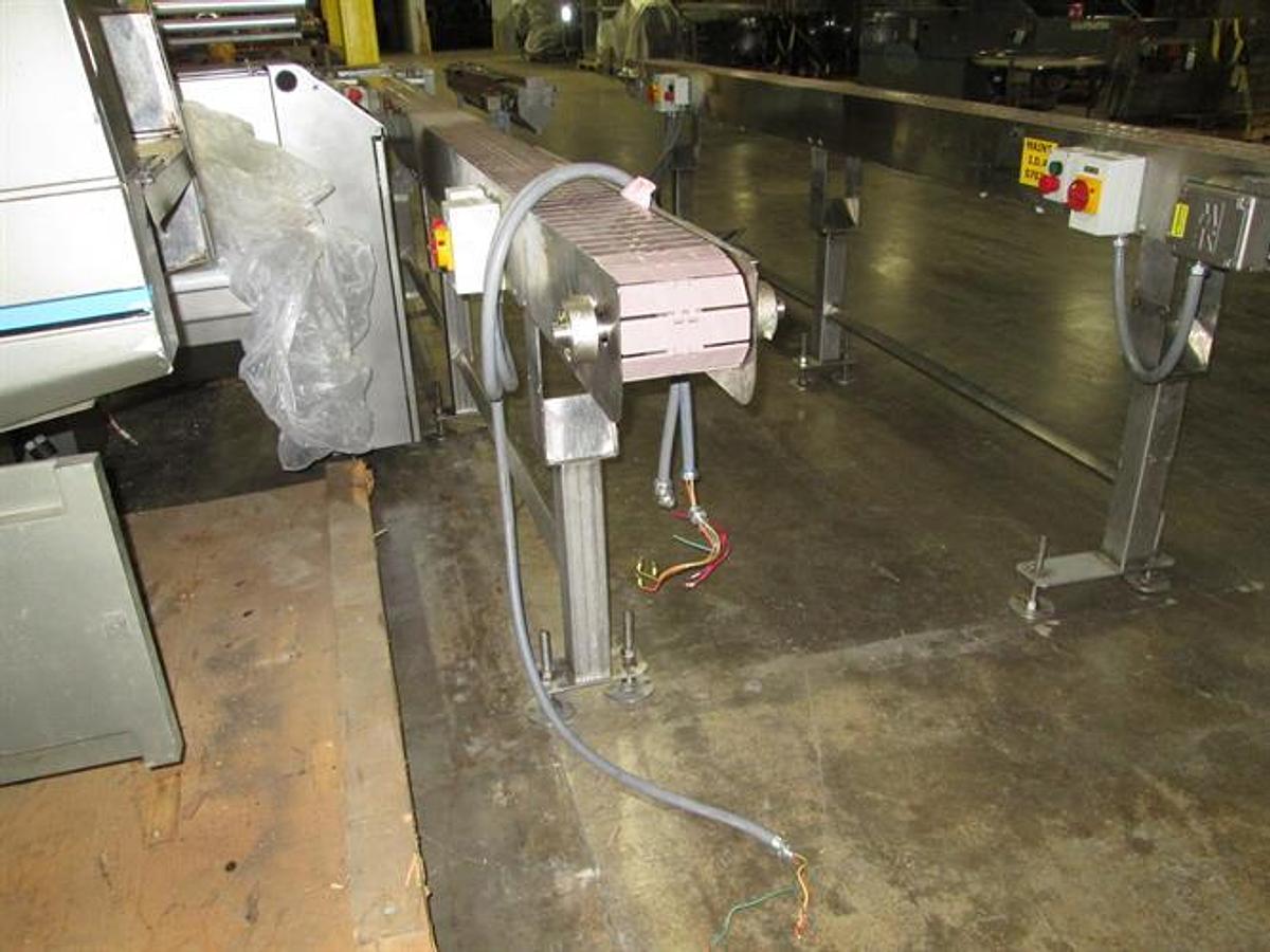 Used Hanover 6" wide x 14-ft Long Stainless Steel Flat Top Chain Conveyor