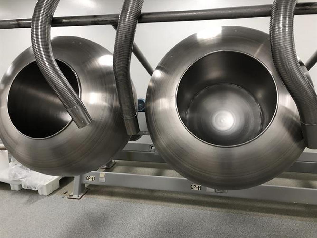 Used (3) O'Hara 48" diameter stainless steel coating pans on a common frame