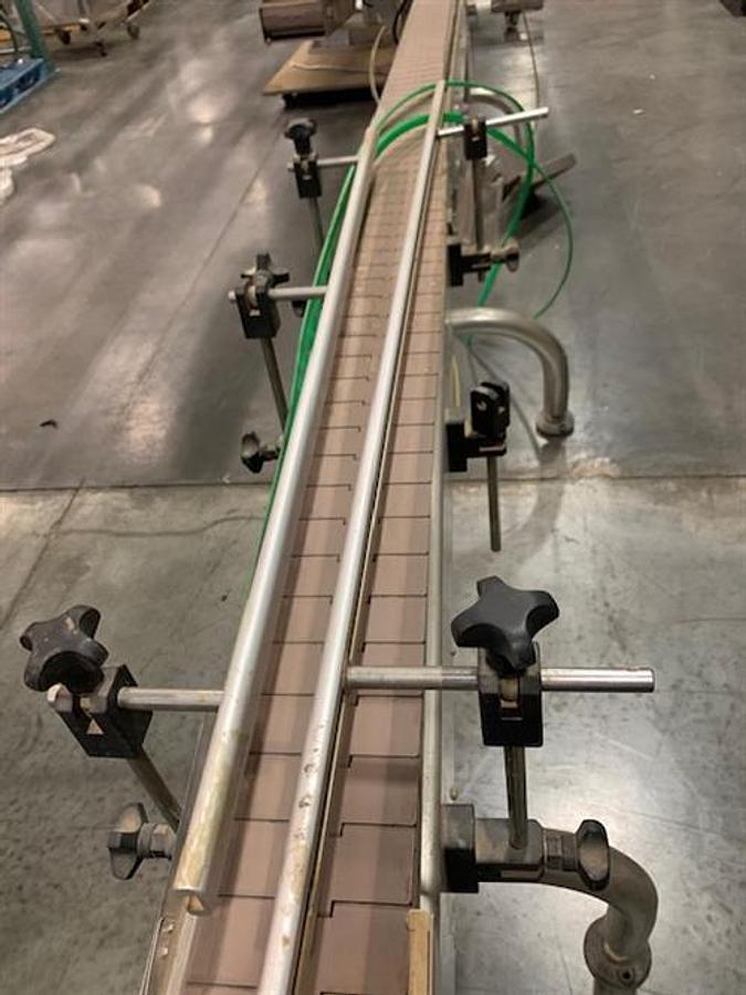 Used CVC 4" wide x 16-ft long stainless steel flat top chain conveyor