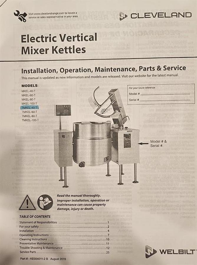 Used Cleveland 40 Gallon SS Electric Tilting Steam Kettle with Mixer