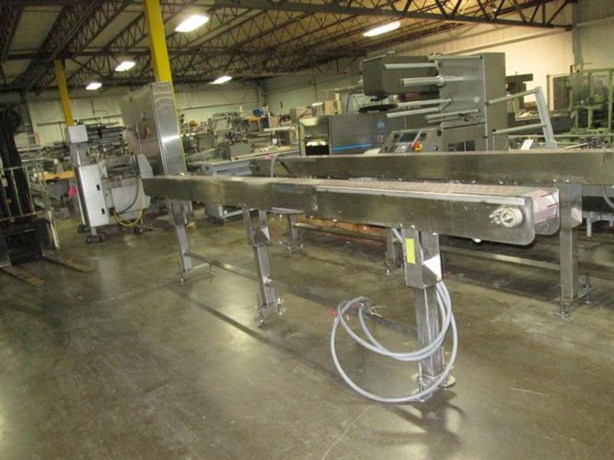Used Hanover 6" wide x 14-ft Long Stainless Steel Flat Top Chain Conveyor