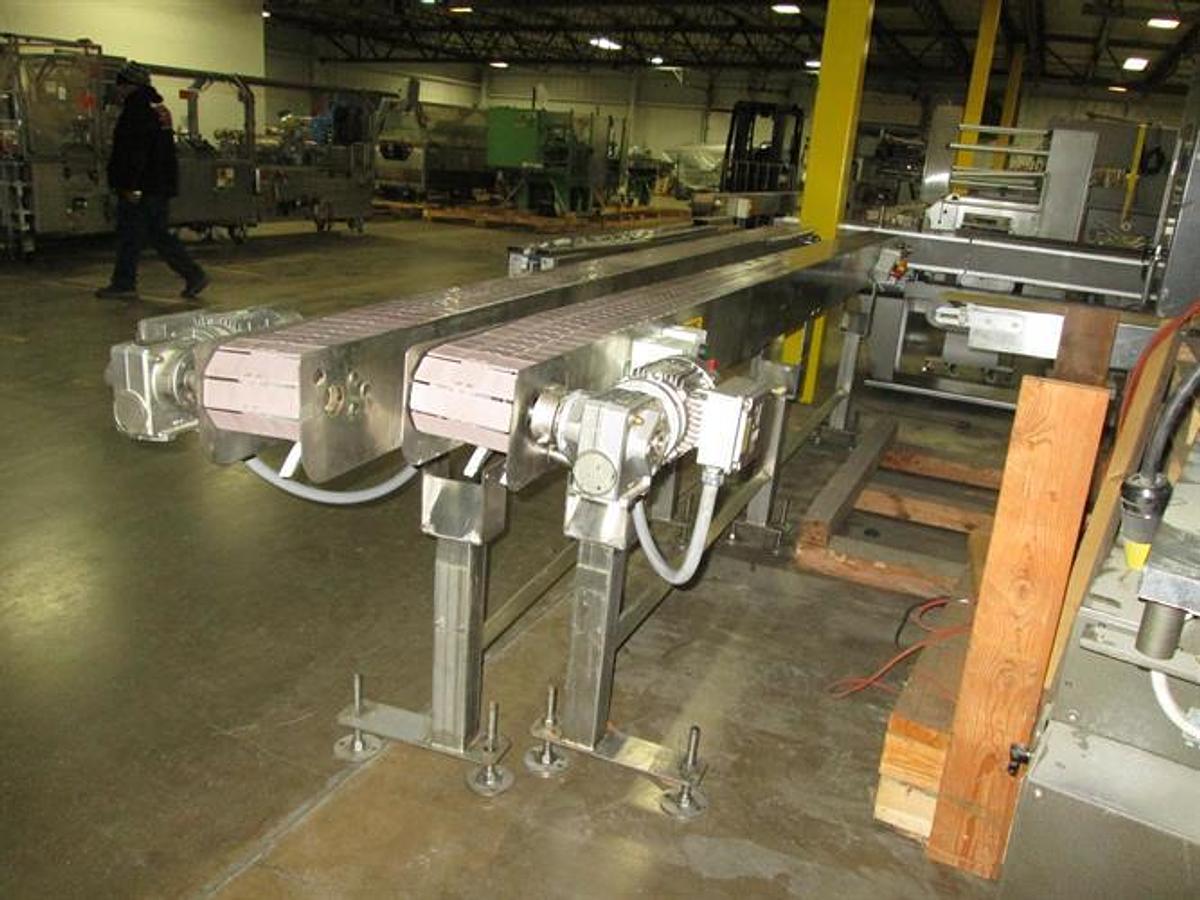Used Hanover 6" wide x 14-ft Long Stainless Steel Flat Top Chain Conveyor