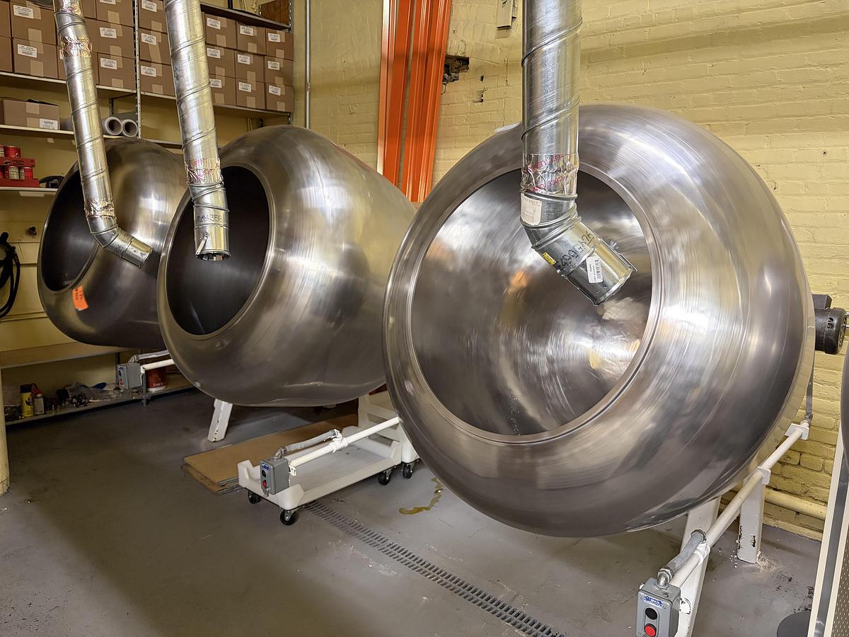 Used (3) Latini 42" Stainless Steel Coating Pans on Common Base