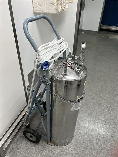 Used 14 gallon stainless steel pressure tank on steel cart with wheels