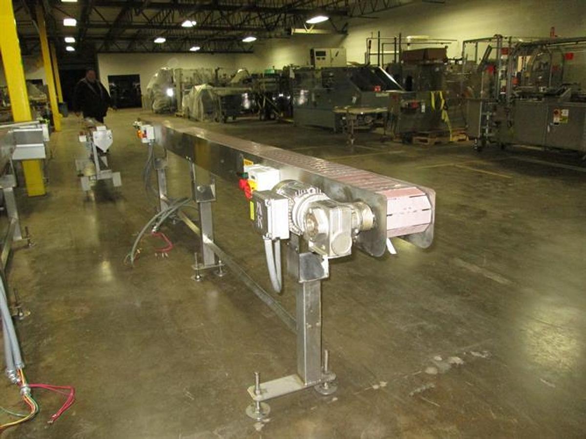 Used Hanover 6" wide x 14-ft Long Stainless Steel Flat Top Chain Conveyor
