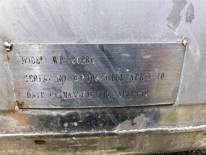Used Brew Tank, Model WP-30BBL. 30 BBL Capacity, approx. 1700 gallon SS Tank