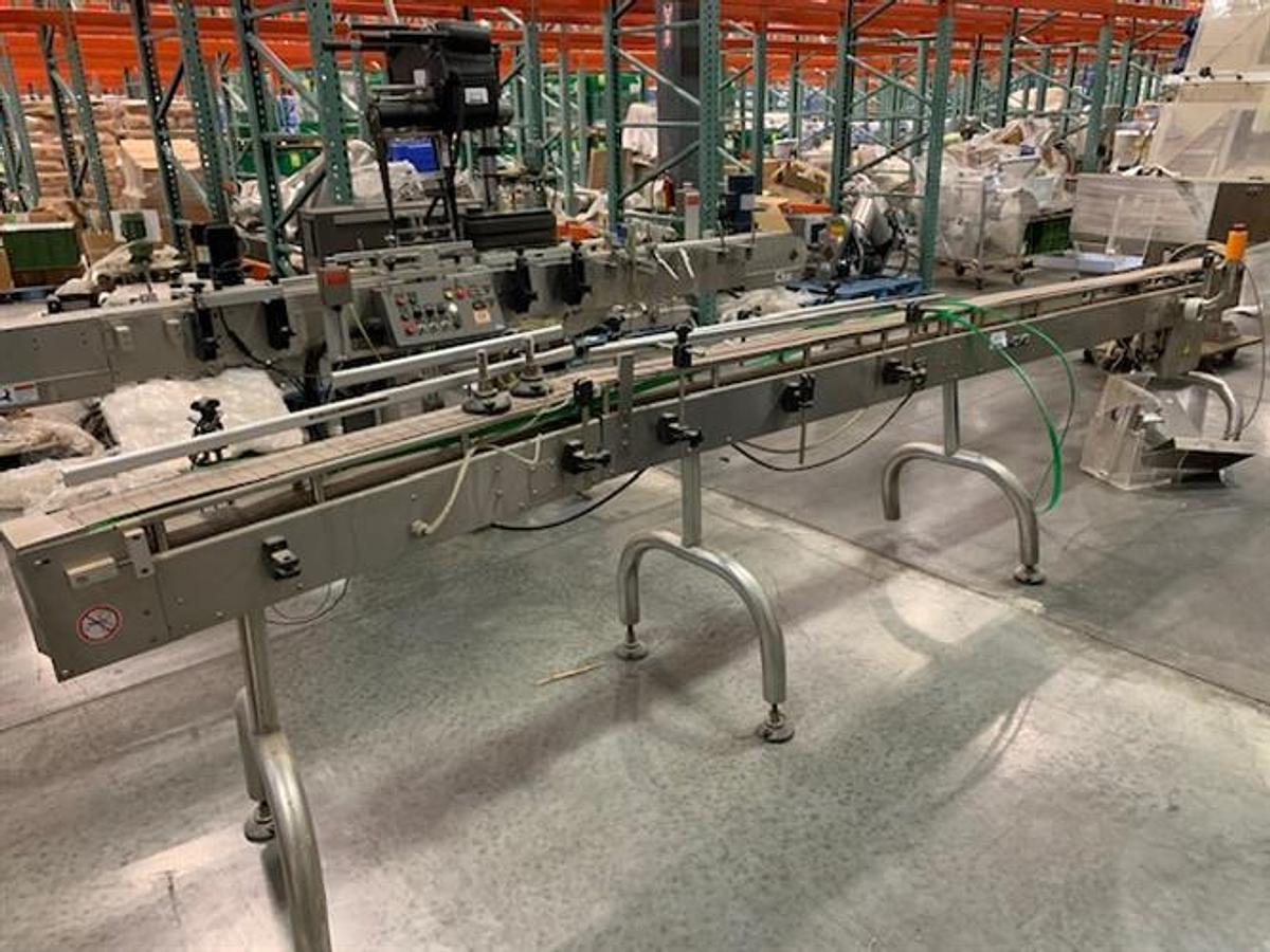 Used CVC 4" wide x 16-ft long stainless steel flat top chain conveyor