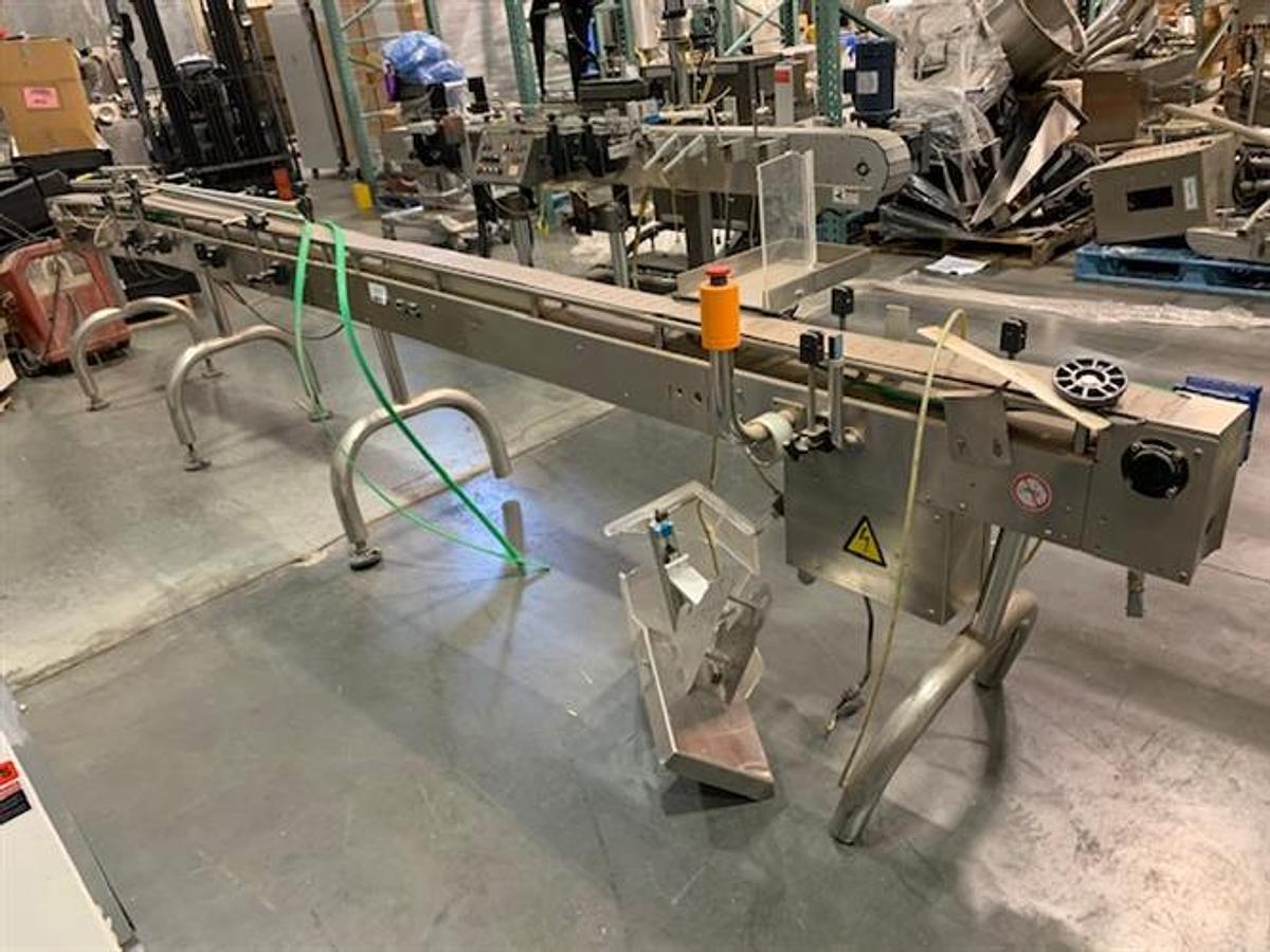 Used CVC 4" wide x 16-ft long stainless steel flat top chain conveyor