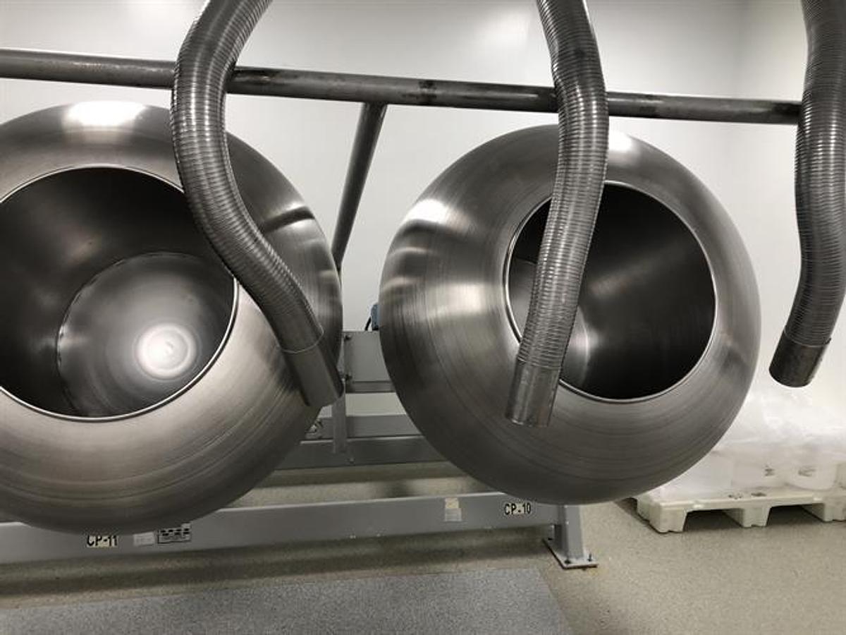 Used (3) O'Hara 48" diameter stainless steel coating pans on a common frame