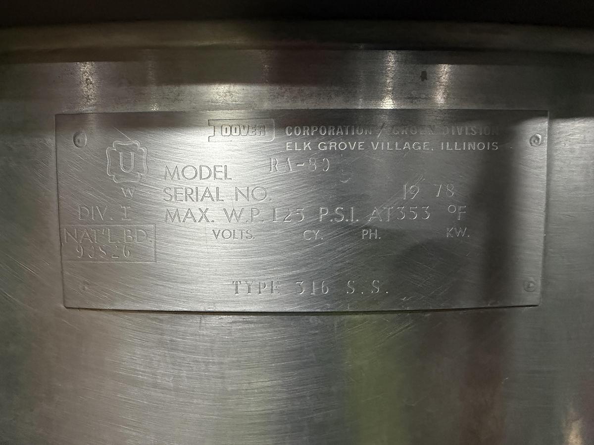 Used Groen 80 Gallon Single Action Jacketed Stainless Steel Cooking & Mixing Kettle