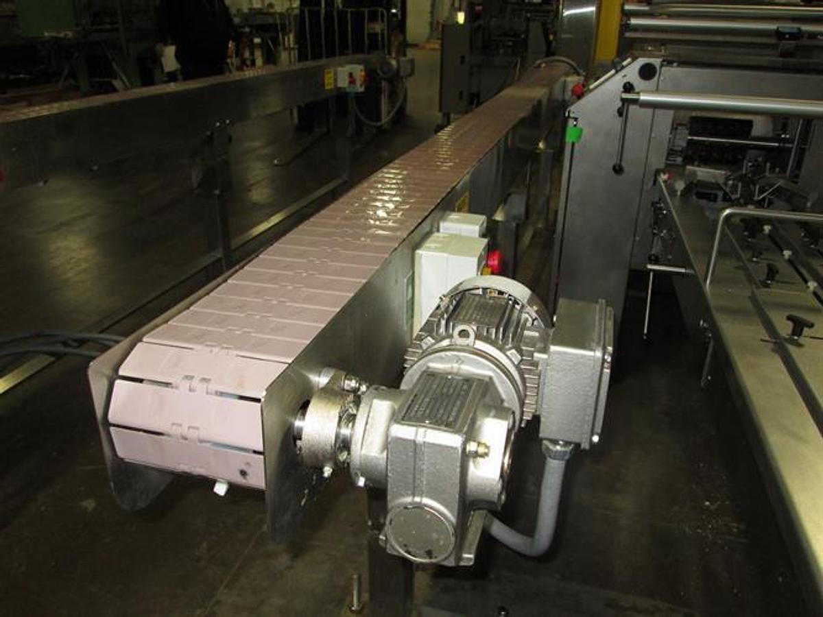 Used Hanover 6" wide x 14-ft Long Stainless Steel Flat Top Chain Conveyor