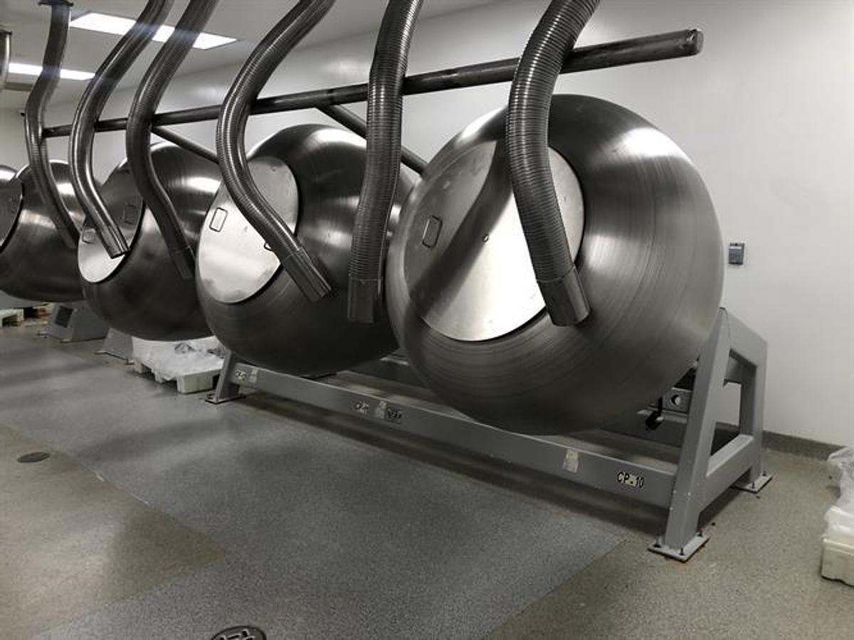 Used (3) O'Hara 48" diameter stainless steel coating pans on a common frame