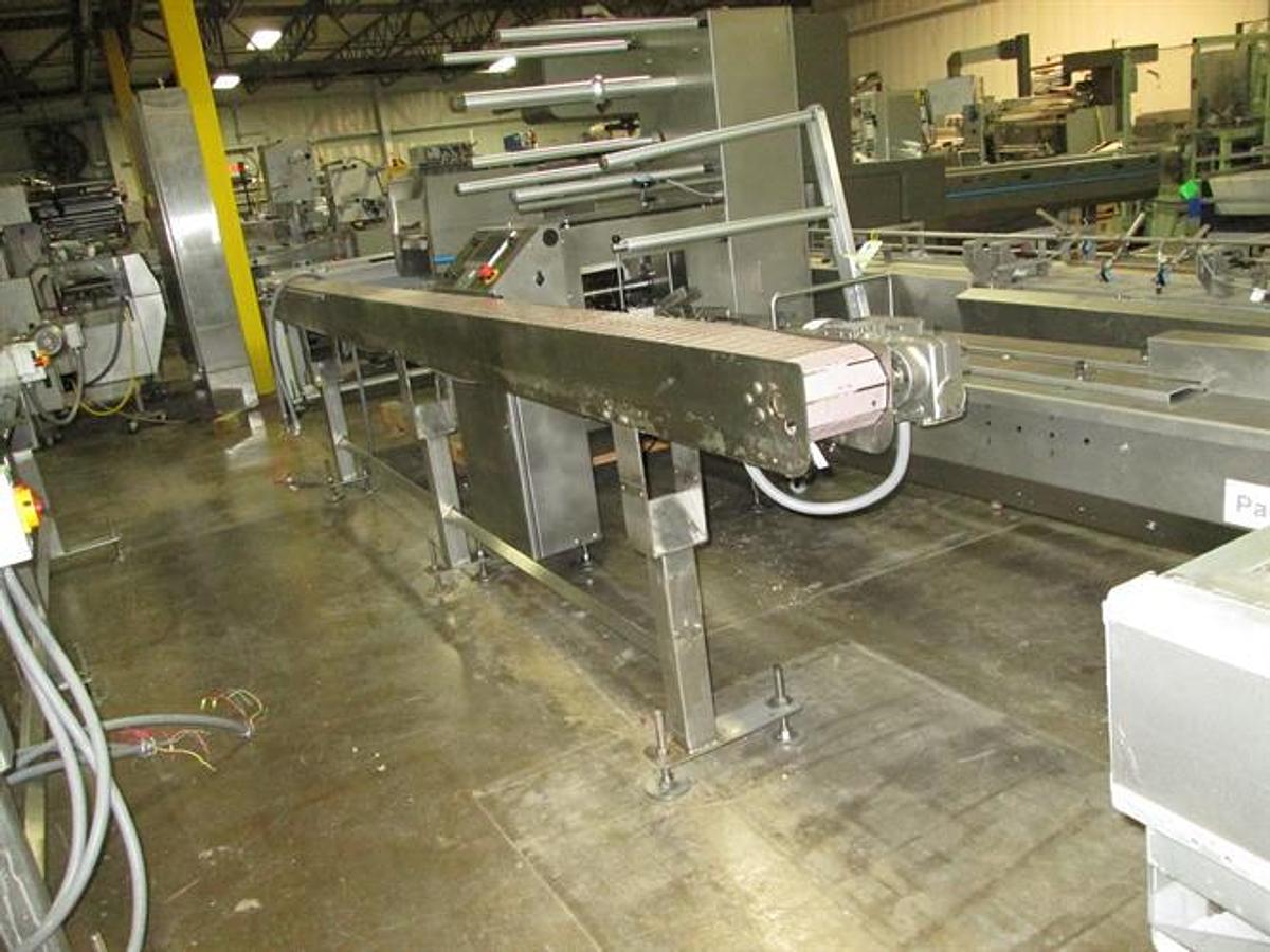 Used Hanover 6" wide x 14-ft Long Stainless Steel Flat Top Chain Conveyor