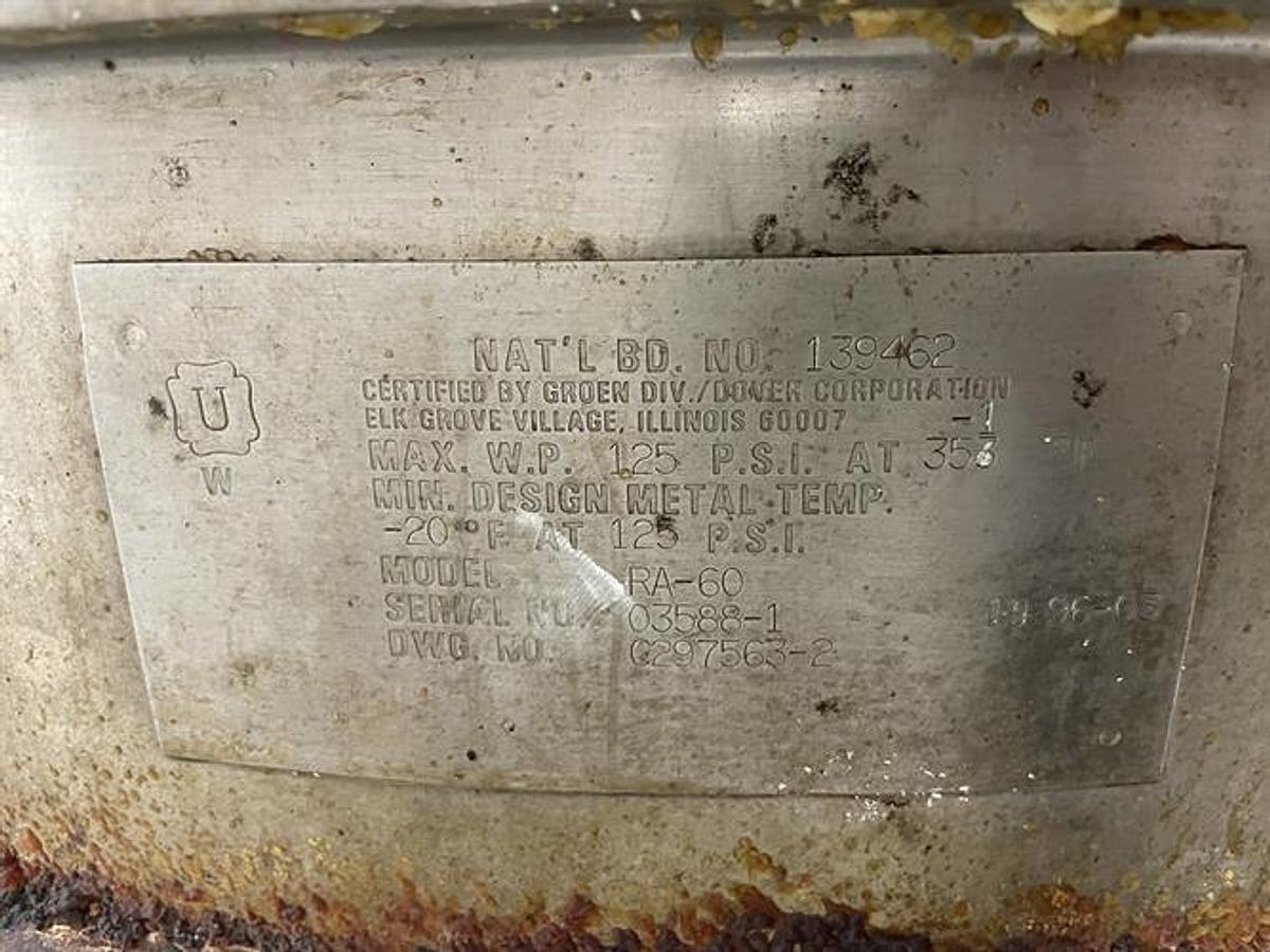 Used Groen 60 Gallon Stainless Steel Cooking & Mixing Kettle