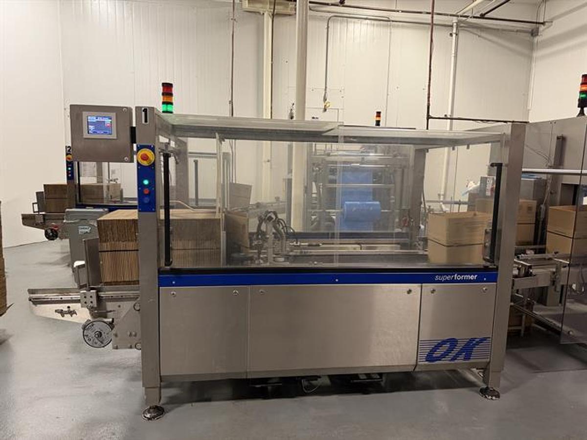 Used OK Superformer-1M Case Erector with OK SL220 Bag Inserter