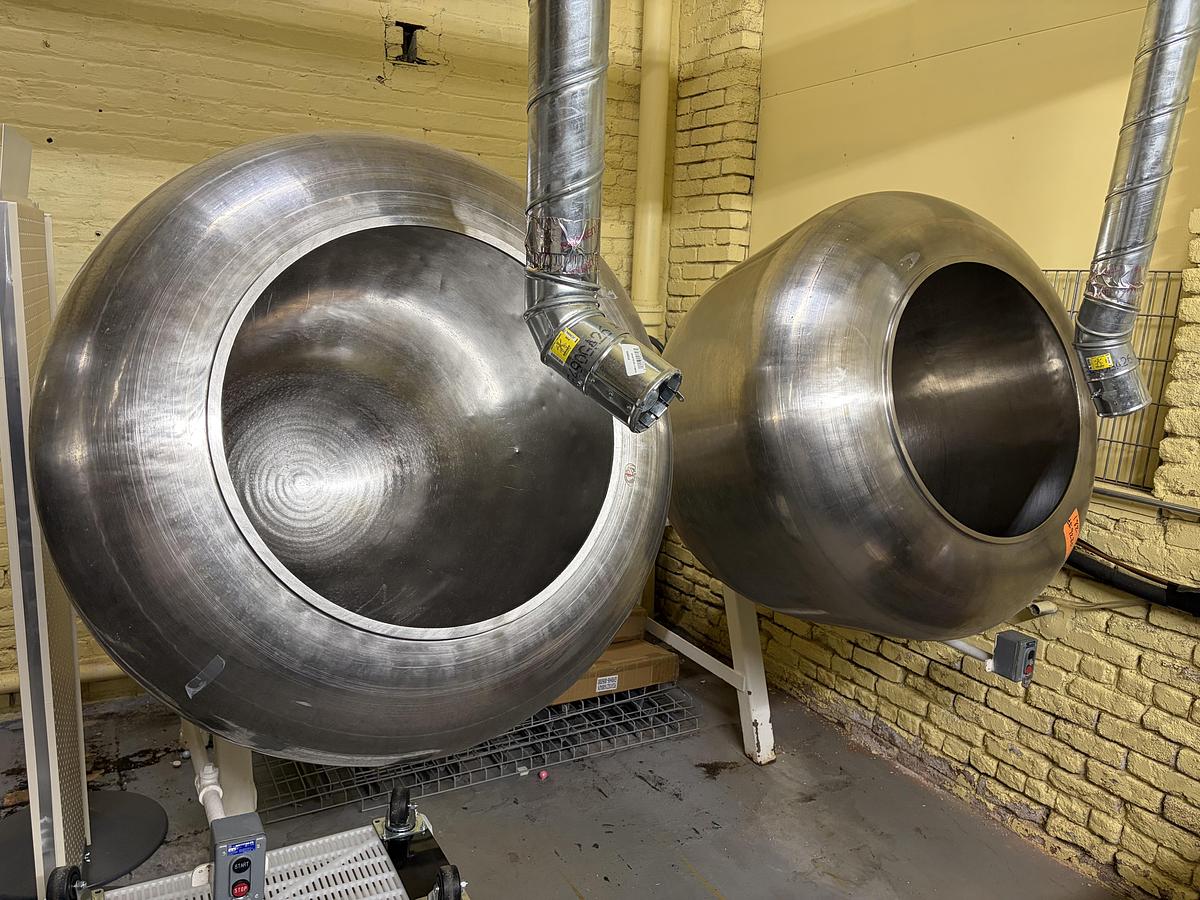 Used (2) Latini 42" Stainless Steel Coating Pans on Common Base