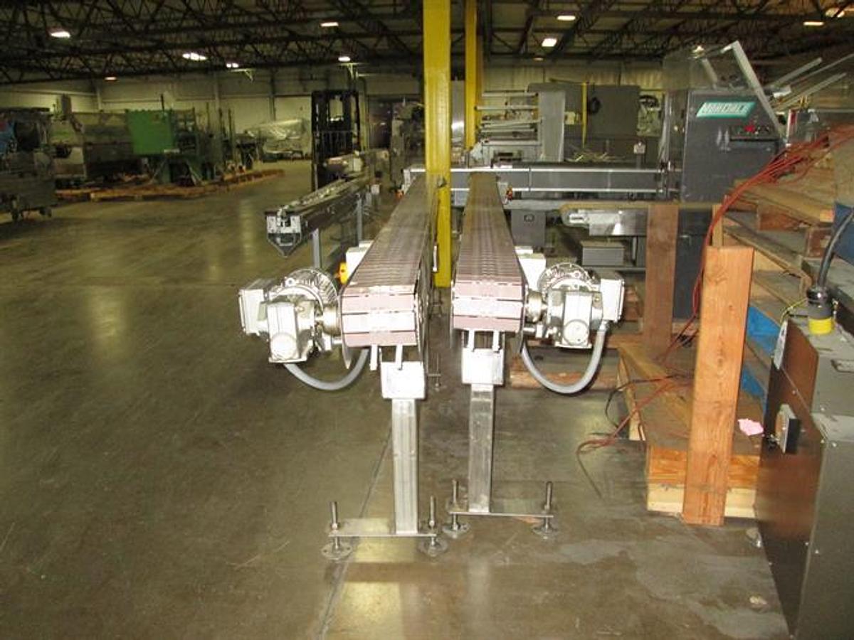 Used Hanover 6" wide x 14-ft Long Stainless Steel Flat Top Chain Conveyor