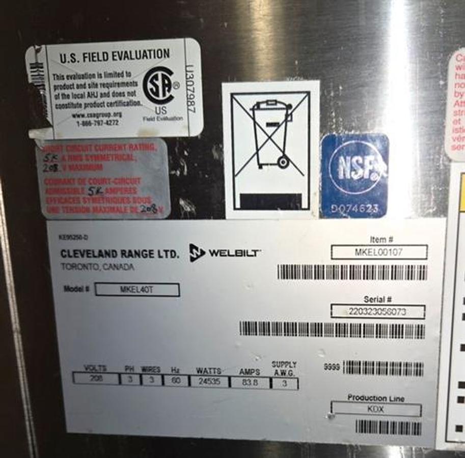 Used Cleveland 40 Gallon SS Electric Tilting Steam Kettle with Mixer