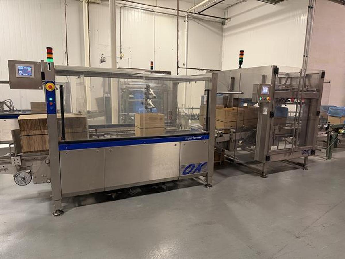 Used OK Superformer-1M Case Erector with OK SL220 Bag Inserter