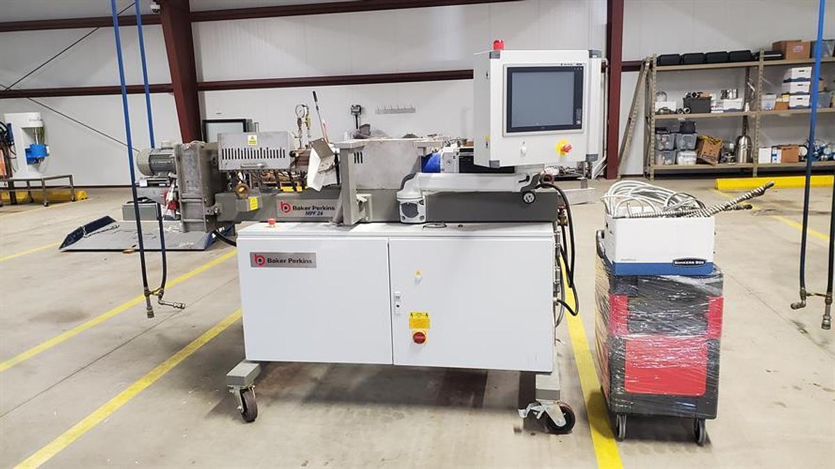 Used Baker Perkins Model MP24 Stainless Steel Twin Screw Extruder