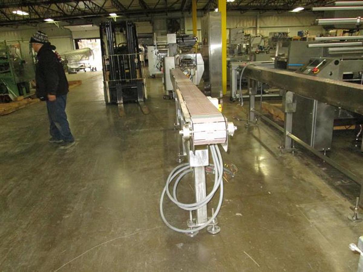 Used Hanover 6" wide x 14-ft Long Stainless Steel Flat Top Chain Conveyor