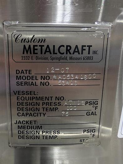 Used Custom Metalcraft model 4A5341600 75 gallon stainless steel tank
