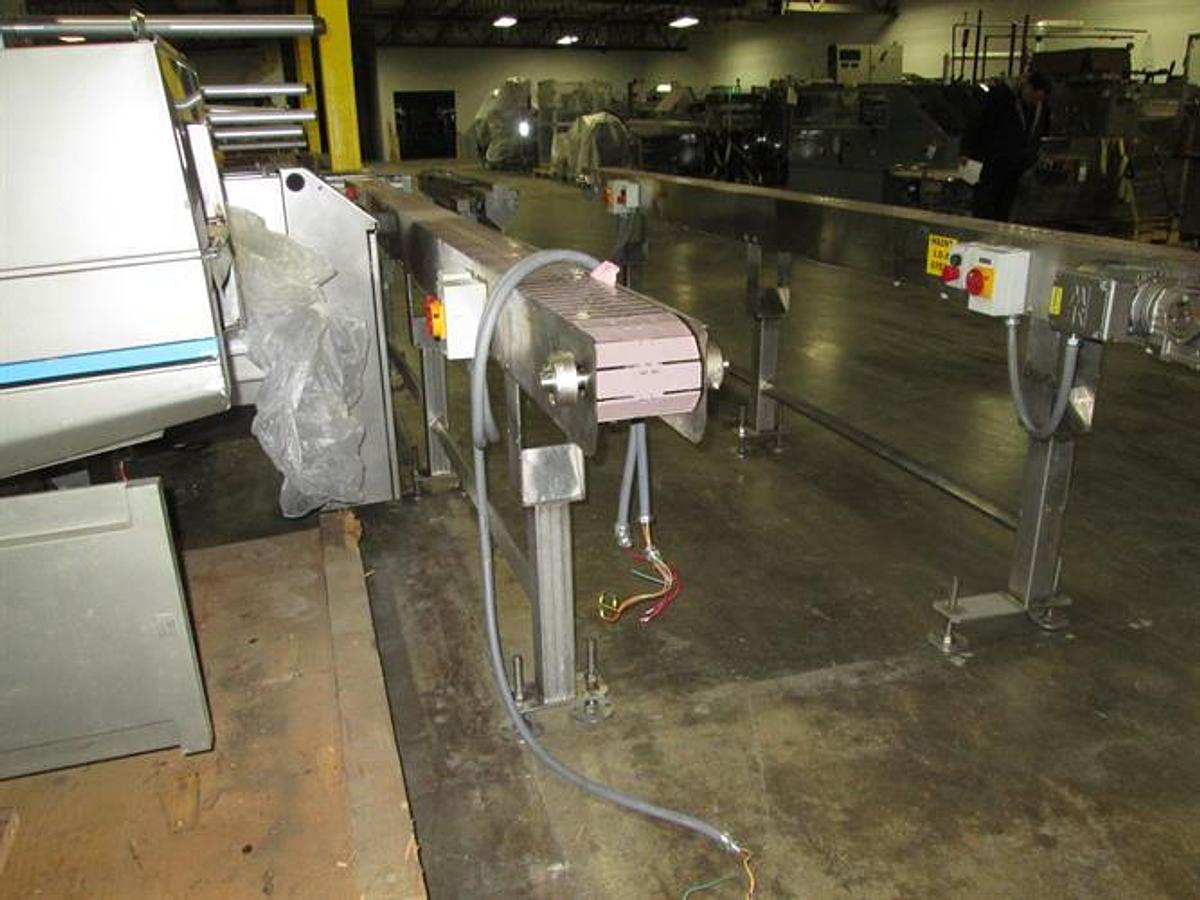 Used Hanover 6" wide x 14-ft Long Stainless Steel Flat Top Chain Conveyor