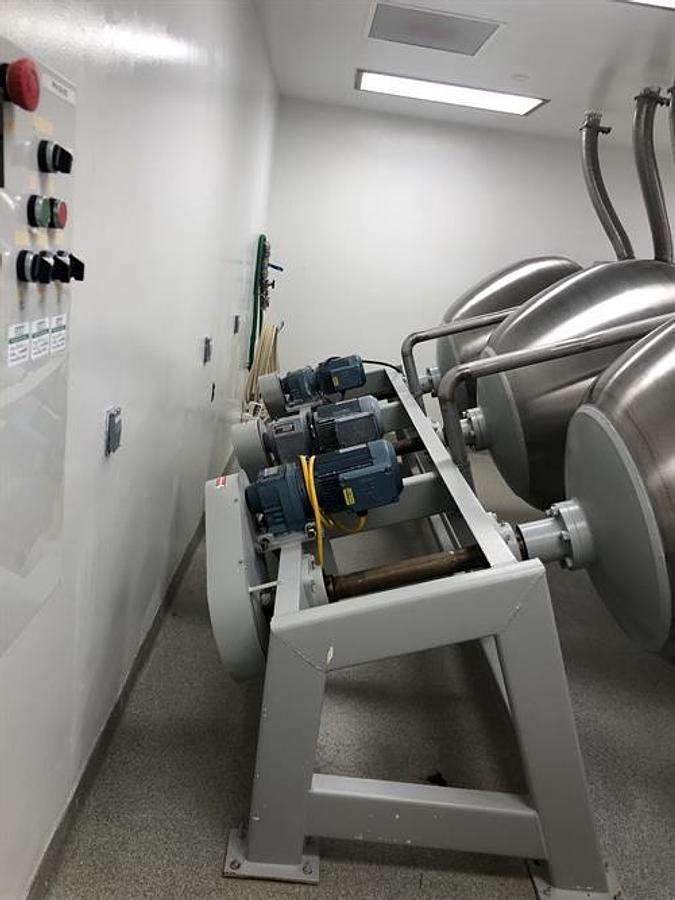 Used (3) O'Hara 48" diameter stainless steel coating pans on a common frame