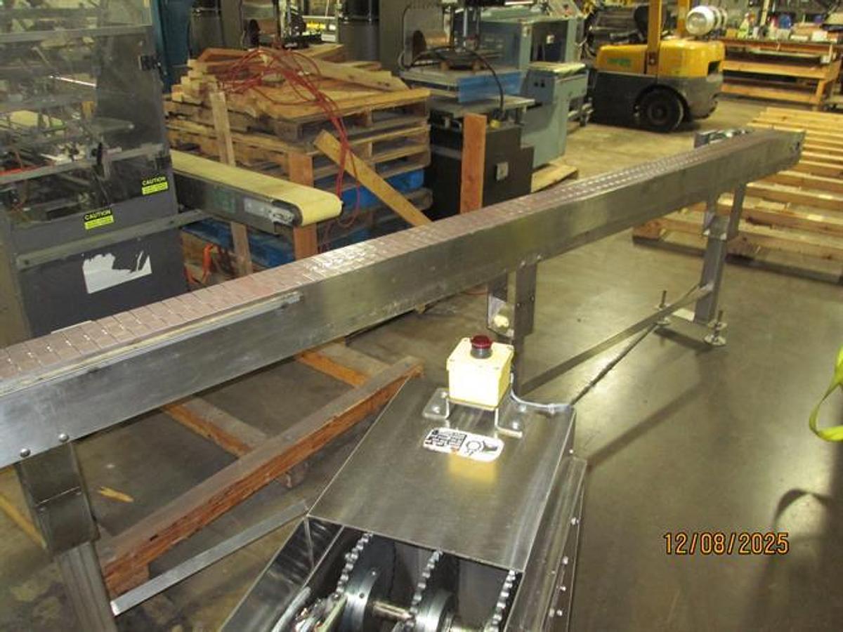 Used Hanover 6" wide x 14-ft Long Stainless Steel Flat Top Chain Conveyor