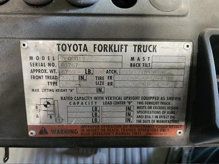 Used Toyota model 7FGCU15 3000 lb Propane Riding Forklift