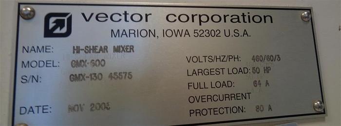 Used Vector Model GMX-600, 600 Liter Stainless Steel High Shear Granulator