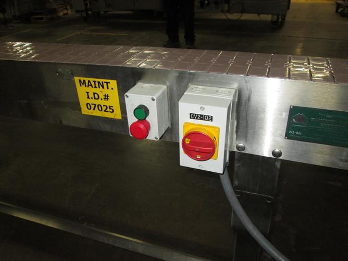 Used Hanover 6" wide x 14-ft Long Stainless Steel Flat Top Chain Conveyor