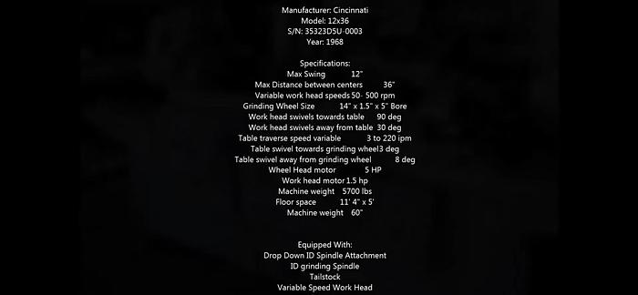 Used CINCINNATI 12" x 36" Hydraulic Universal OD/ID  Cylindrical Grinder