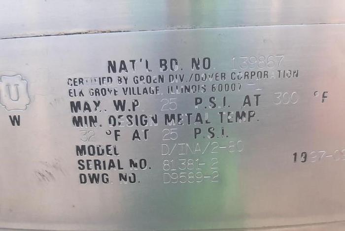 Used 80 GALLON GROEN SCRAPE SURFACE KETTLE – 316 S/S – JACKETED (#9787)