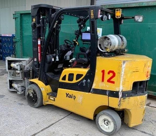 Used 12,000 POUND YALE ROLL CLAMP TRUCK MODEL GLC120VXPRS W/ 72" CLAMP MFG. 2015 RAISED MAST 185"