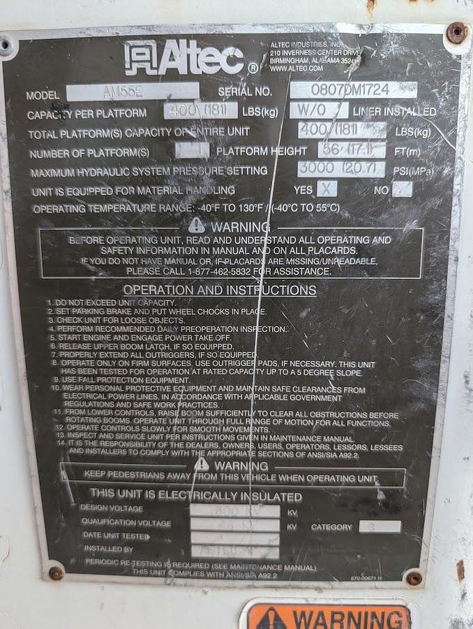 Used 2008 International Workstar 7400 4x4 Altec AM55E 60' Over Center Bucket with Material Handling/Jib