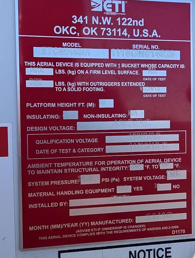Used 2018 Dodge 5500 4x4 ETI 45' Bucket Material Handling Jib Articulating/Telescoping