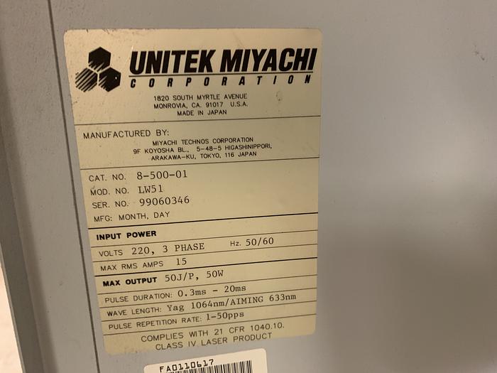 Used MIYACHI UNITEK LW51 COMPACT YAG LASER