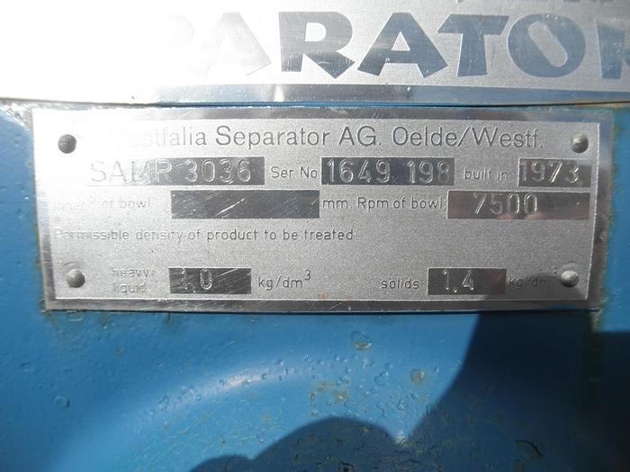 Used Centrifuge, Disc, Separator, Westfalia, SAMR-3036, S/st, #Z202785